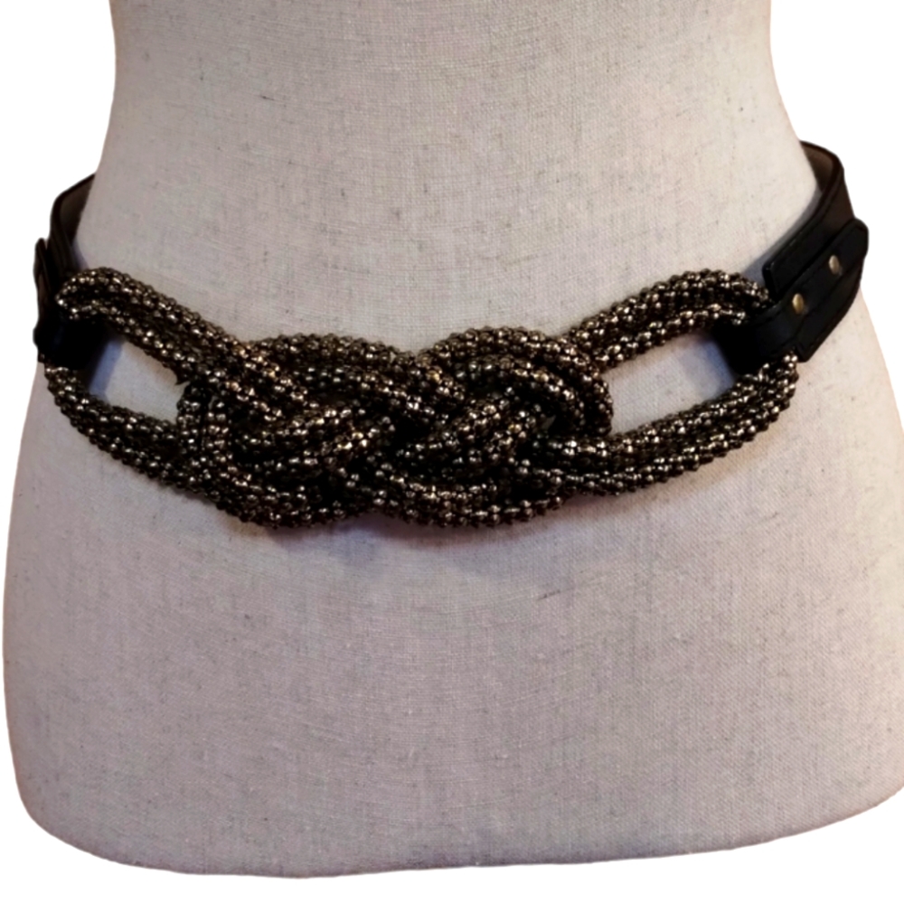Vintage Women's Metal & Leather Fancy Knot Belt With Snap Closure In The Back